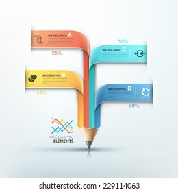 Modern infographic template with unusual pencil made of 4 colorful paper ribbons.  Vector. Can be used for web design and  workflow layout