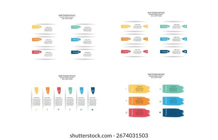 Modern infographic templates featuring six colorful options or steps with abstract brushstroke elements, ideal for business presentations and data visualization.
