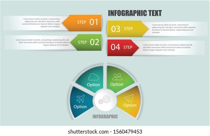 Modern infographic temple with circle and 4 text boxes for option. Vector illustration for workflow layout, diagram, number options, step up options, web design and presentations