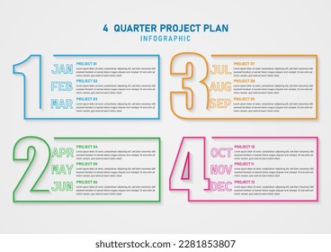 Modern infographic timeline 4 quarter business growth planning Multi-colored outline month numbers and letters Gray gradient background. Design for marketing, product, finance, investment.