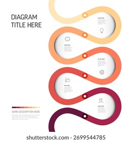 Un moderno diagrama de proceso de línea de tiempo de infografía con cinco etapas coloridas, perfectas para presentar datos y pasos. Este dinámico diagrama de línea de tiempo presenta distintos pasos, iconos y marcadores de posición de texto.