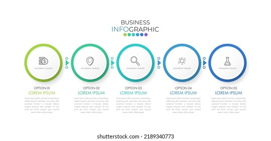 La plantilla de línea de tiempo de infografía moderna se puede utilizar para diseño de flujo de trabajo, diagrama, opciones de número, diseño web. Concepto de negocio infográfico con 5 opciones, partes, pasos o procesos.