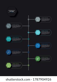 Modern infographic timeline template with relistic hexagonal elements in flat colors on a black background. Business process diagram with marketing icons and textboxes. Vector illustration eps10