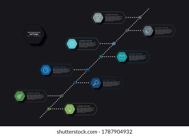 Modern infographic timeline template with relistic hexagonal elements in flat colors on a black background. Business process diagram with marketing icons and textboxes. Vector illustration eps10