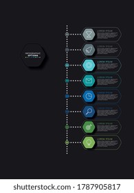 Plantilla de línea de tiempo infográfica moderna con elementos hexagonales realistas en colores planos sobre un fondo negro. Diagrama de procesos empresariales con iconos de marketing y cuadros de texto. Ilustración vectorial eps10