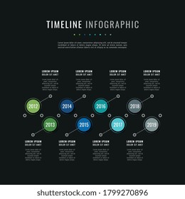 Modern infographic timeline template with round realistic elements on a black background. Business corporate history visualisation with eight dates and descriptions. Vector illustration eps10