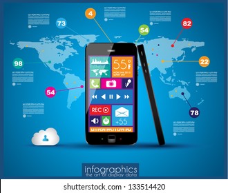 Modern Infographic with a touch screen smartphone in the middle. Design elements and space for text are available in single color squares over the screen. Cloud computng concept.