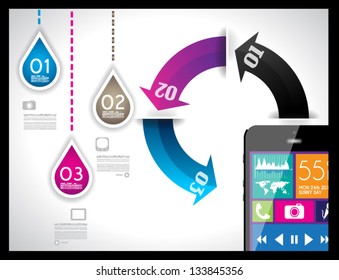 Moderne Infografik mit Touchscreen Smartphone in der Mitte. Gestaltungselemente und Leerzeichen für Text sind in einzelnen Farbquadraten auf dem Bildschirm verfügbar. Cloud Computing Konzept.