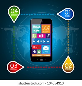 Modern Infographic with a touch screen smartphone in the middle. Design elements and space for text are available in single color squares over the screen. Cloud computng concept.