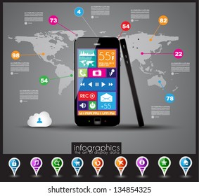 Modern Infographic with a touch screen smartphone in the middle. Design elements and space for text are available in single color squares over the screen. Cloud computng concept.