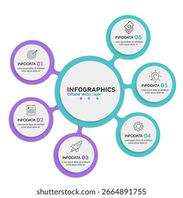 Moderno Vector de infografía con un centro central y seis puntos de datos interconectados, perfecto para presentaciones, conceptos comerciales y materiales educativos.