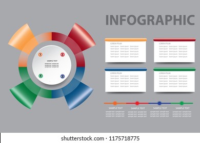 Modern infographic vector of colorful gradient circle template made of four red, green, blue and yellow metal shapes. Timeline and rectangle labels are ready for your text. 