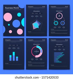 Modern infographic vector elements for business brochures. Use in website, corporate brochure, advertising and marketing. Pie charts, line graphs, bar graphs and timelines.
