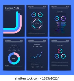 Modern infographic vector elements for business brochures. Use in website, corporate brochure, advertising and marketing. Pie charts, line graphs, bar graphs and timelines.