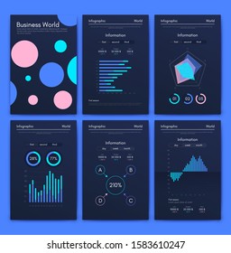 Modern infographic vector elements for business brochures. Use in website, corporate brochure, advertising and marketing. Pie charts, line graphs, bar graphs and timelines.