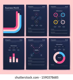Modern infographic vector elements for business brochures. Use in website, corporate brochure, advertising and marketing. Pie charts, line graphs, bar graphs and timelines.
