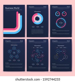 Modern infographic vector elements for business brochures. Use in website, corporate brochure, advertising and marketing. Pie charts, line graphs, bar graphs and timelines.