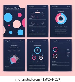 Modern infographic vector elements for business brochures. Use in website, corporate brochure, advertising and marketing. Pie charts, line graphs, bar graphs and timelines.