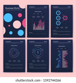 Modern infographic vector elements for business brochures. Use in website, corporate brochure, advertising and marketing. Pie charts, line graphs, bar graphs and timelines.
