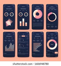 Modern infographic vector elements for business brochures. Use in website, corporate brochure, advertising and marketing. Pie charts, line graphs, bar graphs and timelines.