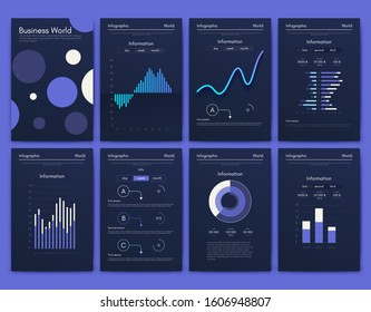 Modern infographic vector elements for business brochures. Use in website, corporate brochure, advertising and marketing. Pie charts, line graphs, bar graphs and timelines.
