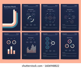 Modern infographic vector elements for business brochures. Use in website, corporate brochure, advertising and marketing. Pie charts, line graphs, bar graphs and timelines.