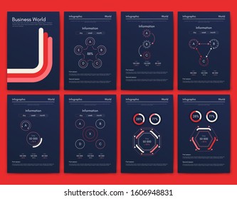 Modern infographic vector elements for business brochures. Use in website, corporate brochure, advertising and marketing. Pie charts, line graphs, bar graphs and timelines.