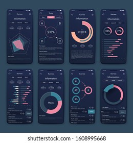 Modern infographic vector elements for business brochures. Use in website, corporate brochure, advertising and marketing. Pie charts, line graphs, bar graphs and timelines.