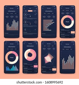 Modern infographic vector elements for business brochures. Use in website, corporate brochure, advertising and marketing. Pie charts, line graphs, bar graphs and timelines.