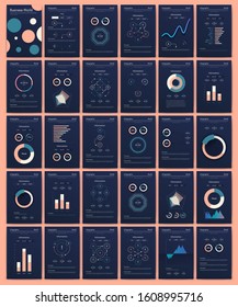 Modern infographic vector elements for business brochures. Use in website, corporate brochure, advertising and marketing. Pie charts, line graphs, bar graphs and timelines.