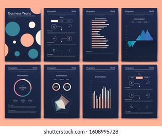 Modern infographic vector elements for business brochures. Use in website, corporate brochure, advertising and marketing. Pie charts, line graphs, bar graphs and timelines.