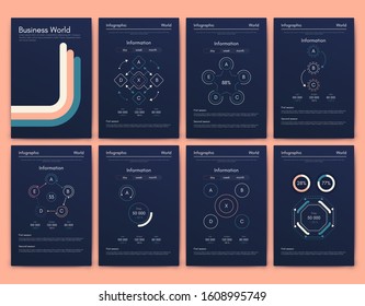 Modern infographic vector elements for business brochures. Use in website, corporate brochure, advertising and marketing. Pie charts, line graphs, bar graphs and timelines.