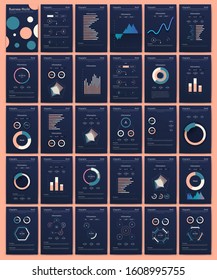 Modern infographic vector elements for business brochures. Use in website, corporate brochure, advertising and marketing. Pie charts, line graphs, bar graphs and timelines.