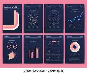 Modern infographic vector elements for business brochures. Use in website, corporate brochure, advertising and marketing. Pie charts, line graphs, bar graphs and timelines.