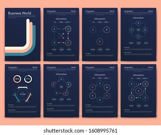 Modern infographic vector elements for business brochures. Use in website, corporate brochure, advertising and marketing. Pie charts, line graphs, bar graphs and timelines.