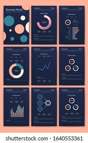 Modern infographic vector elements for business brochures. Use in website, corporate brochure, advertising and marketing. Pie charts, line graphs, bar graphs and timelines.