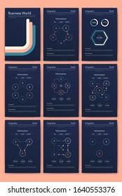 Modern infographic vector elements for business brochures. Use in website, corporate brochure, advertising and marketing. Pie charts, line graphs, bar graphs and timelines.