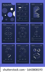 Modern infographic vector elements for business brochures. Use in website, corporate brochure, advertising and marketing. Pie charts, line graphs, bar graphs and timelines.