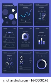 Modern infographic vector elements for business brochures. Use in website, corporate brochure, advertising and marketing. Pie charts, line graphs, bar graphs and timelines.