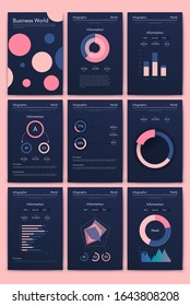 Elementos vectoriales infográficos modernos para folletos comerciales. Uso en sitios web, folletos corporativos, publicidad y marketing. Gráficos circulares, gráficos de líneas, gráficos de barras y líneas de tiempo.