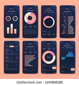 Modern infographic vector elements for business brochures. Use in website, corporate brochure, advertising and marketing. Pie charts, line graphs, bar graphs and timelines.