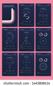 Modern infographic vector elements for business brochures. Use in website, corporate brochure, advertising and marketing. Pie charts, line graphs, bar graphs and timelines.