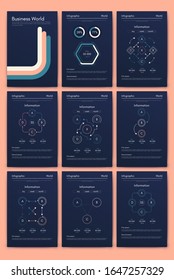 Modern infographic vector elements for business brochures. Use in website, corporate brochure, advertising and marketing. Pie charts, line graphs, bar graphs and timelines.