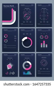 Modern infographic vector elements for business brochures. Use in website, corporate brochure, advertising and marketing. Pie charts, line graphs, bar graphs and timelines.