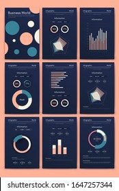 Modern infographic vector elements for business brochures. Use in website, corporate brochure, advertising and marketing. Pie charts, line graphs, bar graphs and timelines.