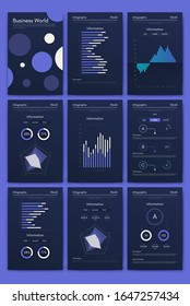 Elementos vectoriales infográficos modernos para folletos comerciales. Uso en sitios web, folletos corporativos, publicidad y marketing. Gráficos circulares, gráficos de líneas, gráficos de barras y líneas de tiempo.