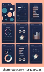 Modern infographic vector elements for business brochures. Use in website, corporate brochure, advertising and marketing. Pie charts, line graphs, bar graphs and timelines.