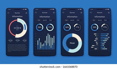 Moderne Infografik-Vektorillustration für Geschäftsbroschüren. Verwendung auf Website, Corporate Broschüre, Werbung und Marketing. Pie-Diagramme, Zeilentafeln, Strichgraphen und Zeitachsen.
