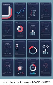 Modern infographic vector elements for business brochures. Use in website, corporate brochure, advertising and marketing. Pie charts, line graphs, bar graphs and timelines.