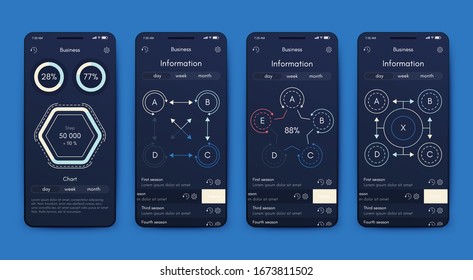 Moderne Infografik-Vektorillustration für Geschäftsbroschüren. Verwendung auf Website, Corporate Broschüre, Werbung und Marketing. Pie-Diagramme, Zeilentafeln, Strichgraphen und Zeitachsen.